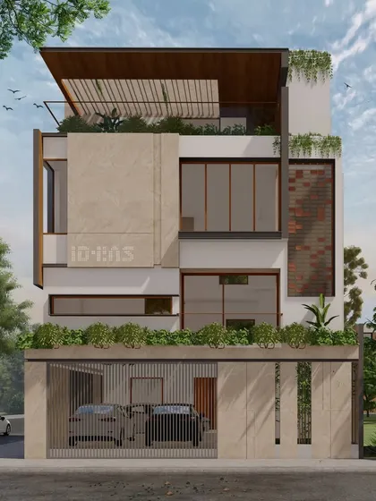This elevation concept uses a soft beige palette with accents of brick and glass blocks. The composition of stacked volumes and integrated planters creates a sophisticated and modern look.
