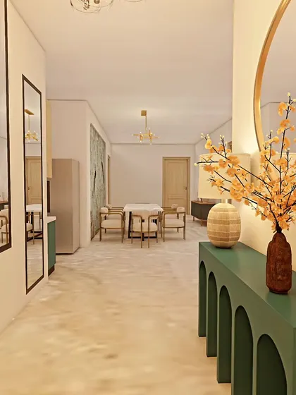 The complete entry foyer design, looking towards the dining area. This long-shot shows how we plan the entire visual journey from the moment you step into the home.