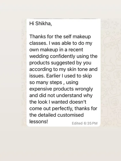 This student was able to do her own makeup for a wedding confidently after my class. She appreciated the customized lessons and product suggestions for her skin tone.