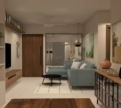 Another view of the living room render, showing the TV unit, open shelving, and the connection to the dining area. This helps visualize the flow and layout of the entire open-plan space.