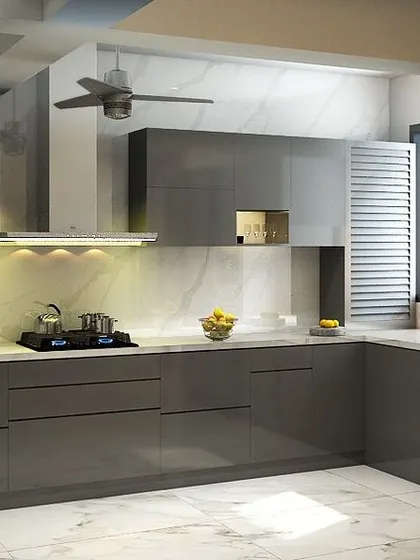A 3D render of an open modular kitchen with gleaming grey cabinets and a white marble backsplash, creating a sleek, modern look.