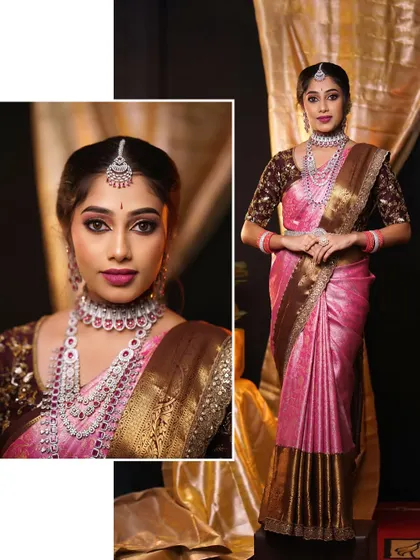 A collage showing both a close-up and a full-length view of this elegant reception look. The makeup is glamorous, and the saree is draped to look modern and chic.