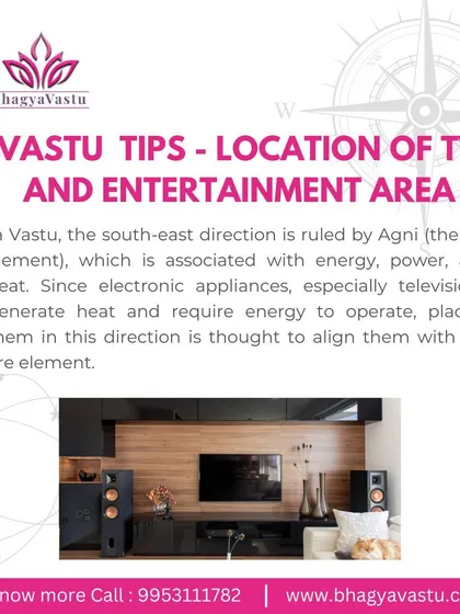 The South-East direction is ruled by Agni (fire element), making it the perfect location for a TV and entertainment area. Placing electronic appliances here aligns with the fire element, balancing the energy of your living space.