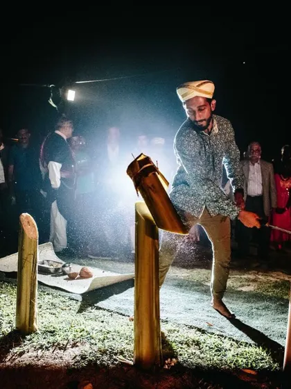 A traditional Kodava ceremony. This is a cultural practice that involves chopping a banana stem with a single strike.