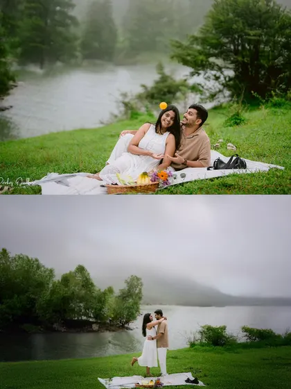 From a wide, scenic view to an intimate embrace, this diptych captures the different scales of love during a pre-wedding shoot in nature.