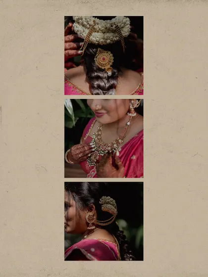 A collage showing the intricate details of a bride's traditional hairstyle and jewelry on her betrothal day.