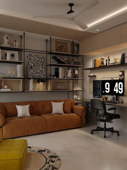 A study area should be a peaceful and well-designed den. This workspace combines open shelving for a personal library with a comfortable, ergonomic setup to enhance productivity and focus.