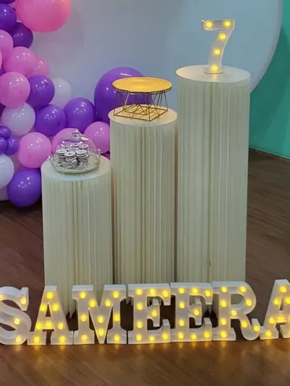 A close-up of the light-up letters and plinths for Sameera's 7th birthday.