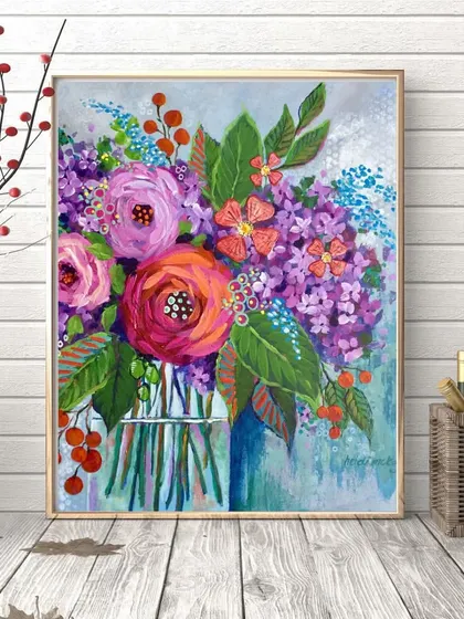 A beautiful floral abstract painting in a vase. I use a mix of bold colors and expressive brushstrokes to create a lively and modern bouquet.