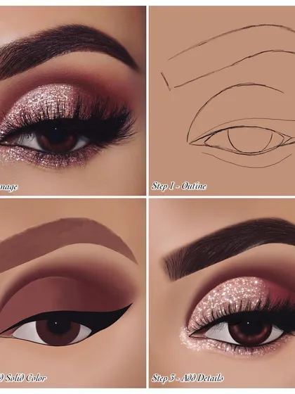 Here’s a step by step look at my digital painting process for this glitter eye makeup look. I start with a basic outline, add solid colors, and then build up the details and textures.