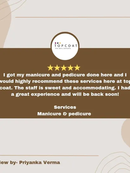 A wonderful 5-star Google review from a client who loved her manicure and pedicure. She highlighted that the staff was sweet and accommodating. I'm so glad she had a great experience and plans to come back soon.