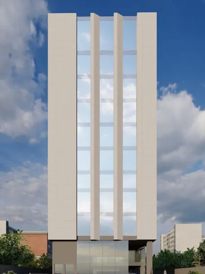 A frontal elevation of the sustainable office tower concept. The design clearly articulates the balance between solid and void, with vertical glass strips allowing for natural light while the mass of the facade provides thermal insulation.