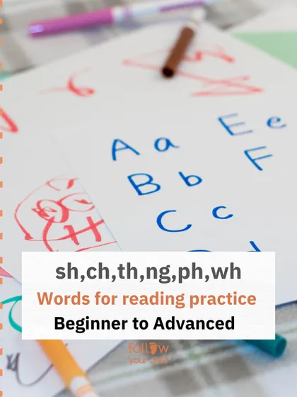 A collection of words with digraphs like sh, ch, th, ng, ph, and wh for reading practice, from beginner to advanced.
