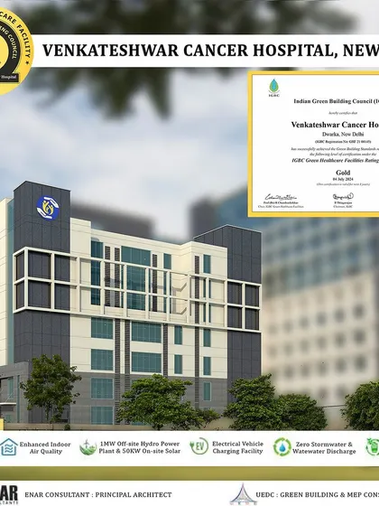 This graphic showcases the Venkateshwar Cancer Hospital's IGBC Gold rating. I facilitated the integration of key sustainable features like biophilic design, on-site solar power, and EV charging facilities, which were crucial for achieving this green building certification.