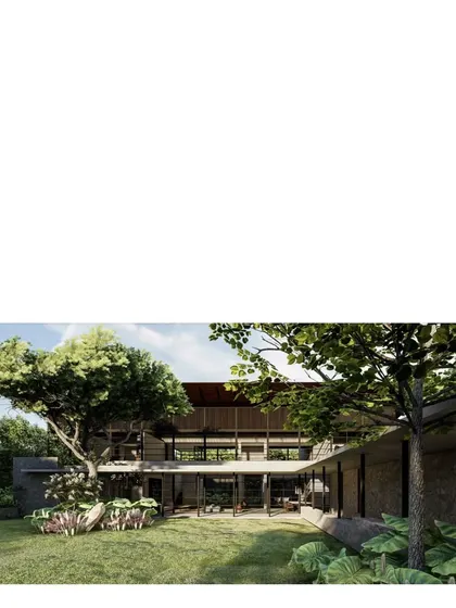 A render of a family commune in Alibaug, where three homes share a single acreage. The project is about the space between, creating an atmosphere of privacy, seclusion, and collective living all at once.