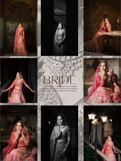 A comprehensive collage of the bride's portraits, mixing color and black and white, close-ups and full-length shots, to tell her complete story.