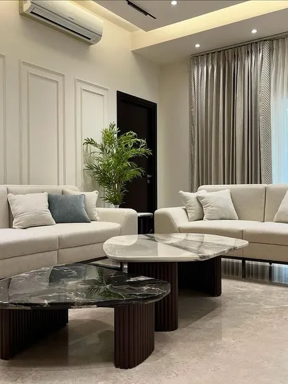 We designed this living room with a pair of sofas to maximize seating. The dual free-form coffee tables, one in black and one in white marble, create a dynamic and modern centerpiece.