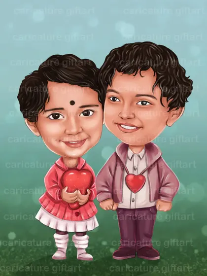 A cute caricature of two young best friends, perfect for celebrating a special bond. The childhood photos were used as a reference for this sweet gift.