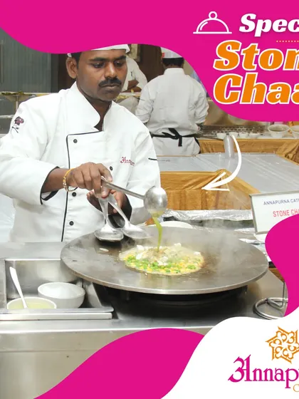 Our special Stone Chaat, where ingredients are mixed and cooked on a large, hot stone tawa. This unique preparation method adds a distinct flavour and a fun visual element.