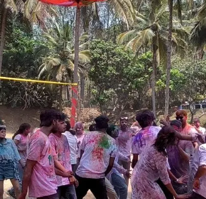 The party in full swing, with guests dancing freely in the outdoor setting, surrounded by lush greenery and our festive decor.