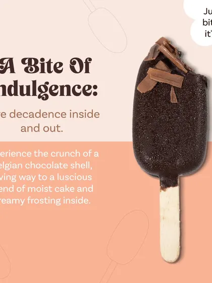 A bite of pure indulgence. This graphic explains the experience of my Belgian Chocolate Cakesicle, from the outer crunch to the luscious interior. It's love at first bite.