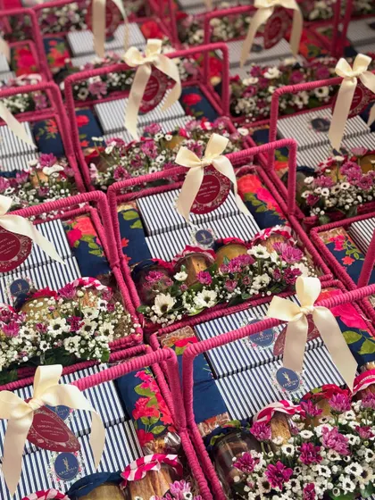 From a single gift to hundreds, we handle every order with the same attention to detail. Here is a look at a bulk order of 200 custom wedding announcement baskets, ready to be dispatched.