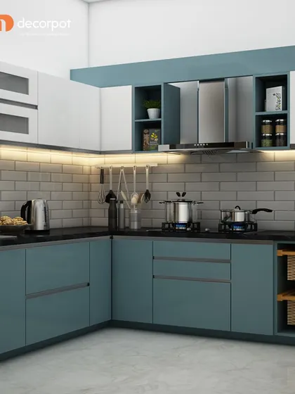 A beautiful L-shaped kitchen with a two-tone design, featuring teal lower cabinets and white upper cabinets. The subway tile backsplash and open wicker basket storage add a touch of rustic charm to the modern layout.