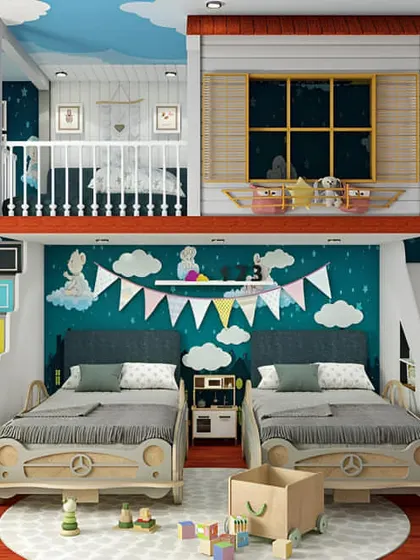 This all-in-one design is a dream come true for siblings. It features a fun loft playhouse, a quick slide, two car-themed beds, and clever staircase drawers, making it the ultimate space for both adventure and rest.