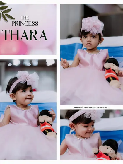 A beautiful collage from a first birthday party, designed to look like a page from a storybook. It features multiple candid shots of the birthday princess, capturing her sweet expressions and the joyful atmosphere of her special day.