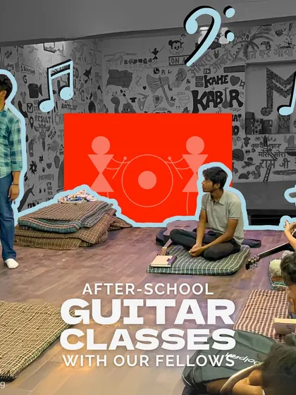 A fellow teaches the parts of a guitar in an after-school class. We empower students by inviting them to recall previous lessons and facilitate parts of the session, making them active learners.
