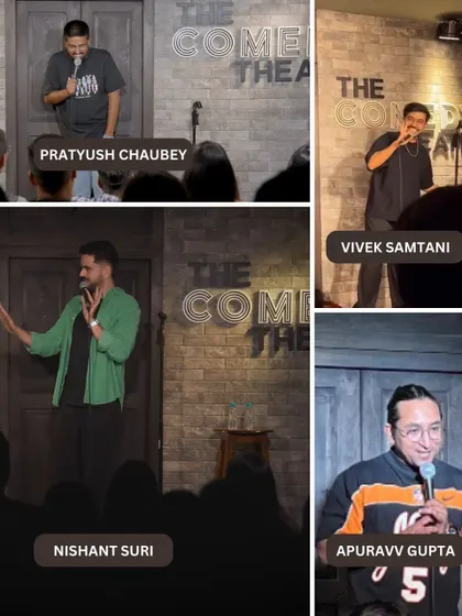 A collage of comedians, including Nishant Suri and Apoorv Gupta, who have performed at The Comedy Theatre. We are proud to have designed a home for comedy in Bangalore.