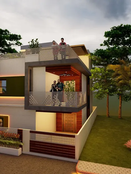 A side view of the Hyderabad project, showing the depth of the balconies and the simple, elegant lines of the design.