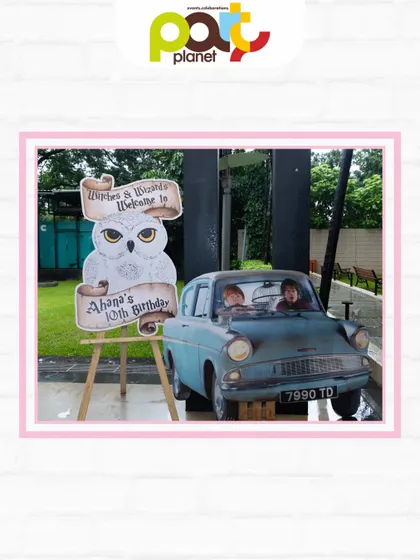 A life-sized prop of the flying Ford Anglia car from Harry Potter, creating an amazing photo opportunity for young witches and wizards.