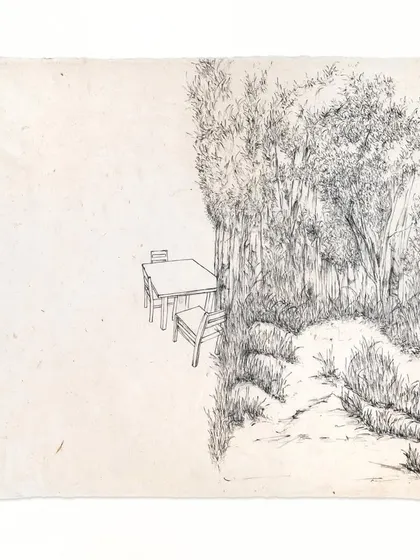 A graphite drawing on rice paper titled 'Life and Distance' by Mohit Mahato, capturing a serene, slightly surreal landscape.