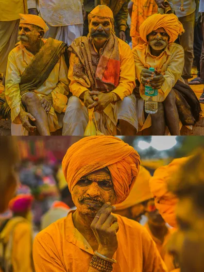 Action shots and crowd scenes from the turmeric festival, capturing the dynamic energy of the celebration. These images show devotees dancing, playing drums, and throwing clouds of yellow powder into the air.