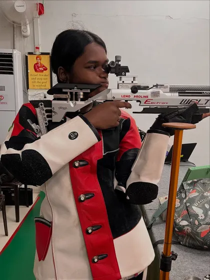 A close-up of Leno, who scored an outstanding 599/600 to win the Gold Medal in Air Rifle (Under-17) at the CISCE Regional Championship.
