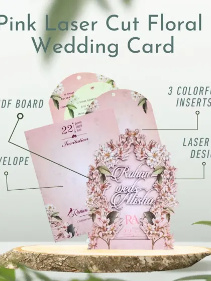 A pink laser-cut floral wedding card that is both romantic and modern. The design includes an MDF board, three colorful inserts, and a beautifully detailed laser-cut floral arch.