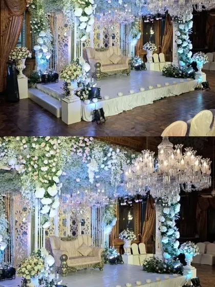 A before-and-after look at a reception stage at Faluknama Palace. The addition of grand chandeliers and lush white floral arrangements completely transforms the space into a regal, fairytale setting.