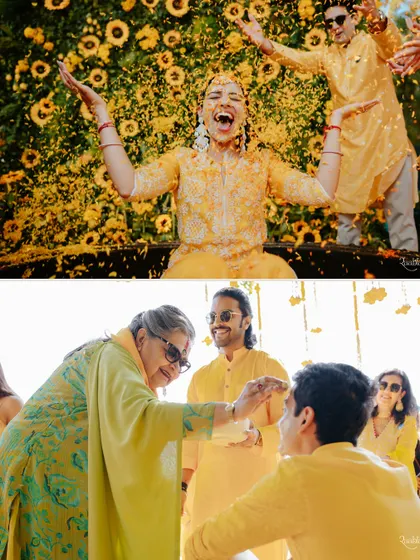 A diptych of golden moments from the haldi ceremony, capturing the bride's joyful expression and a tender moment of a ritual with family.