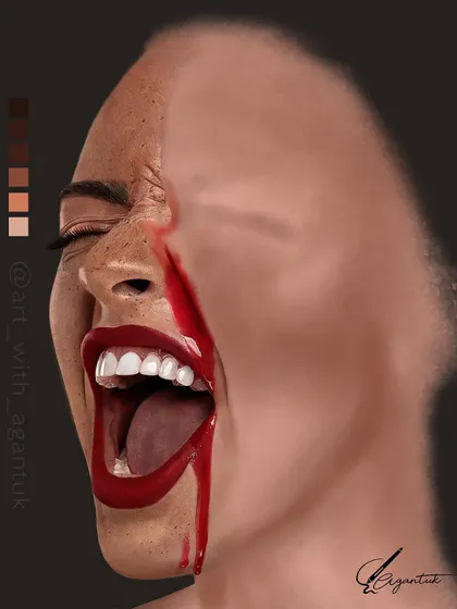 The final version of a highly conceptual piece that took almost 45 hours. It depicts a raw, powerful emotion, with one side of the face rendered in hyper-realistic detail and the other dissolving into a blur of color and feeling.