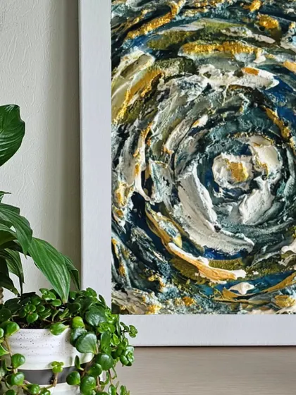 An example of the abstract textured art we create in our workshops. The swirling patterns and metallic accents create a sense of movement and energy.