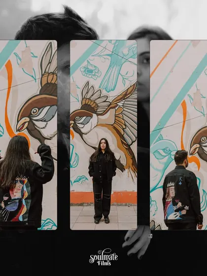 A unique collage featuring custom-painted jackets and street art. This is a great example of how we can incorporate personal style and urban elements into a pre-wedding shoot to make it truly one-of-a-kind.