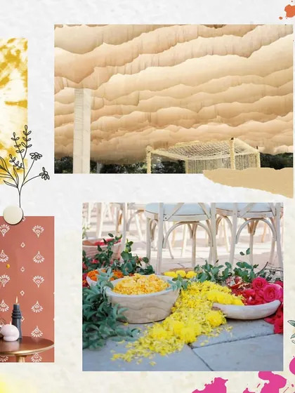 Finalizing the 'Haldi Holi' concept with inspiration for the draped ceilings and the playful scattering of flower petals.