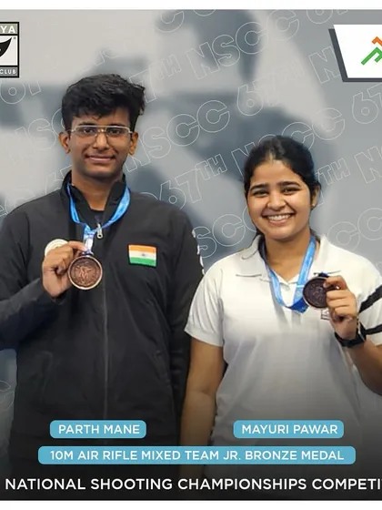 Our shooters Parth Mane and Mayuri Pawar with their Bronze Medals from the Mixed Team Jr event at the 67th National Shooting Championships.