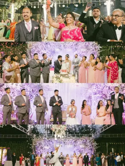 A collage of reception moments, from the cake cutting to family celebrations. It showcases the lively and joyous atmosphere of the evening.
