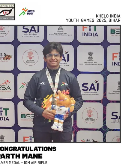 Parth Mane with his silver medal in the 10m Air Rifle event at the Khelo India Youth Games 2025 in Bihar.