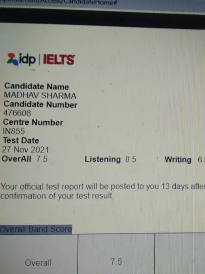 Another one of our high achievers, Madhav, secured an impressive overall score of 7.5, with a remarkable 8.5 in the Listening module. Our focused training and mock tests are designed to help you excel in every section of the IELTS exam.