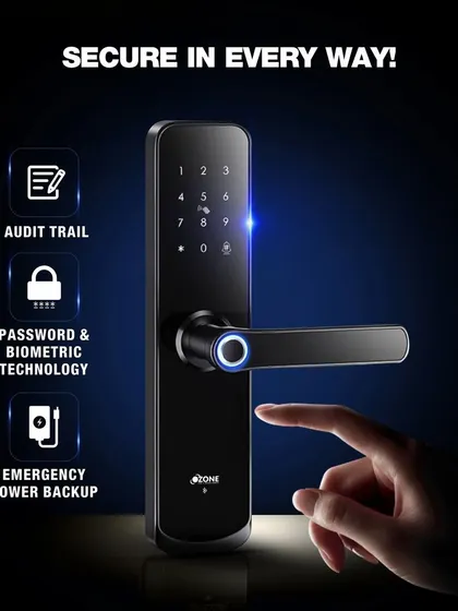 This infographic details the core security features of our smart locks. It highlights the audit trail for tracking access, password and biometric technology for secure entry, and emergency power backup via USB so you're never locked out.