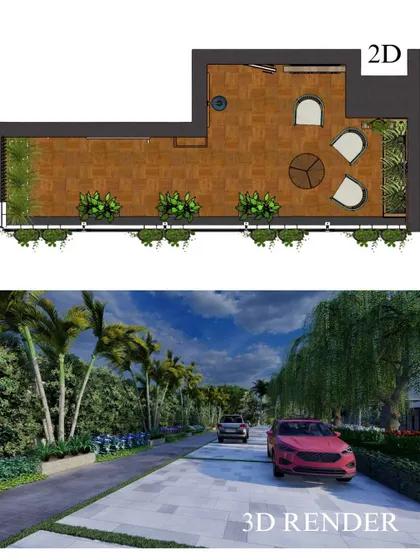 A comparison of a 2D layout plan and a 3D render. This shows how I translate a flat drawing into a photorealistic image to help you understand the final look and feel of your project.