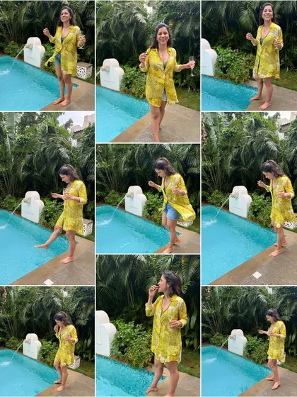 A collage of happy moments by the pool in Goa. My vacation wardrobe is all about easy, breezy pieces like this yellow printed shirt dress that can be worn as a cover-up or on its own.